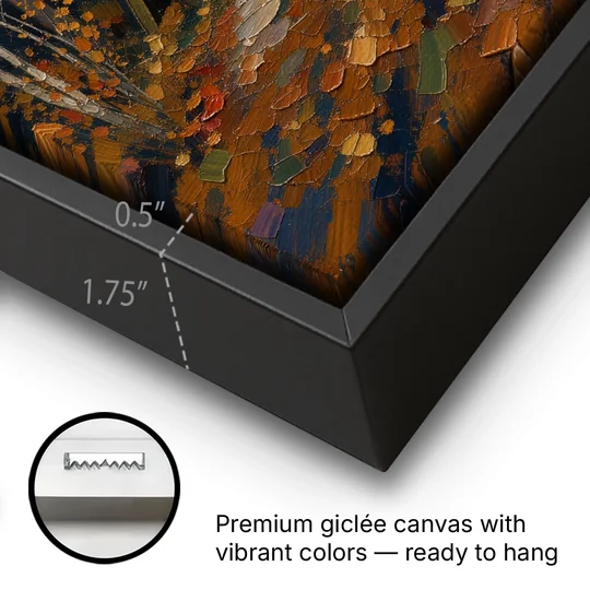 Cabin Wall Art with Amber Window at Autumn Dusk - Black Framed Canvas Wall Art - Gallery Wrap Corner