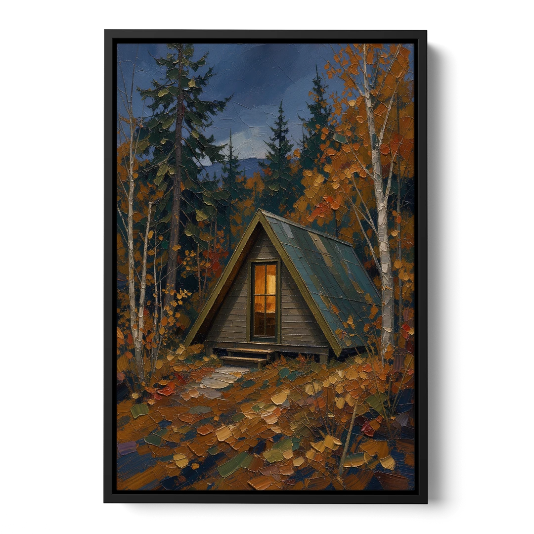 Cabin Wall Art with Amber Window at Autumn Dusk - Black Framed Canvas Wall Art - Front