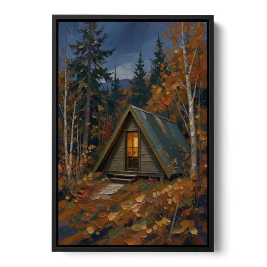 Cabin Wall Art with Amber Window at Autumn Dusk - Black Framed Canvas Wall Art - Front