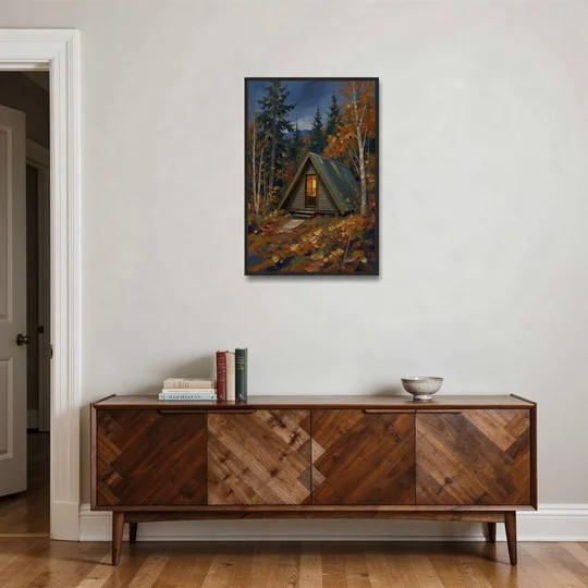 Cabin Wall Art with Amber Window at Autumn Dusk - Black Framed Canvas Wall Art - Coffee Table - 24x36