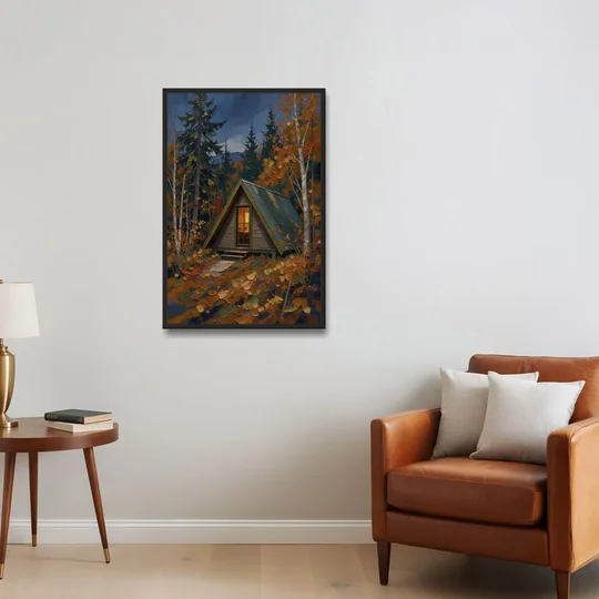 Cabin Wall Art with Amber Window at Autumn Dusk - Black Framed Canvas Wall Art - Sofa - 24x36