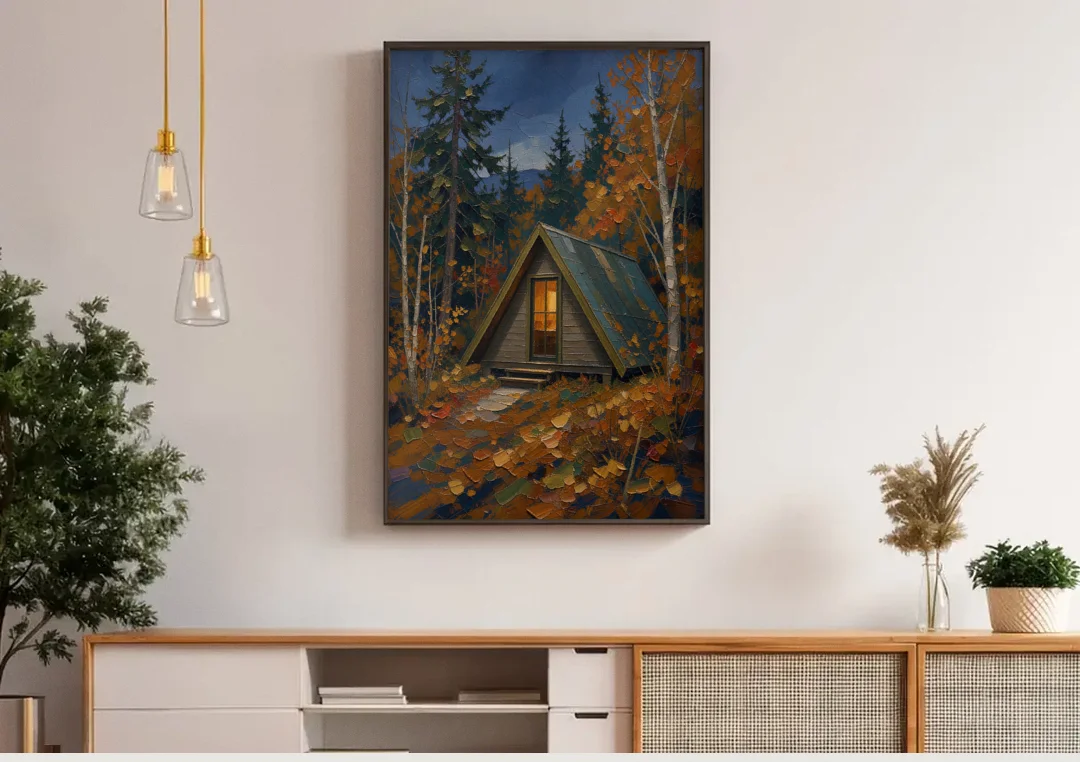 Cabin Wall Art with Amber Window at Autumn Dusk canvas wall art above a wooden sideboard under pendant lights