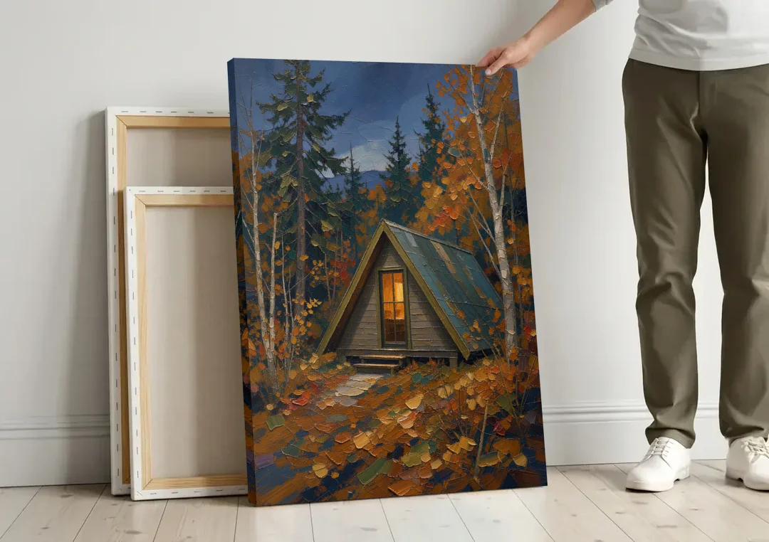 Cabin Wall Art with Amber Window at Autumn Dusk canvas wall art leaning against a wall next to blank canvases