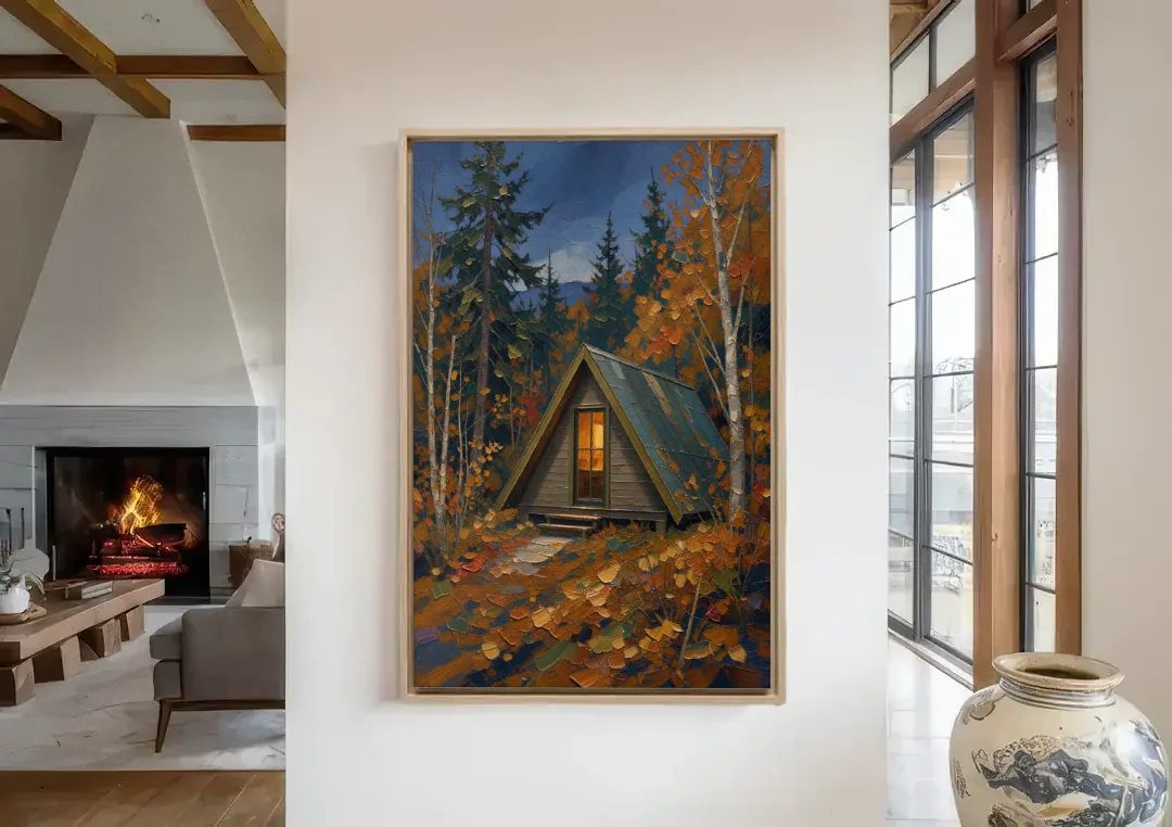 Cabin Wall Art with Amber Window at Autumn Dusk canvas wall art in a living room with a fireplace