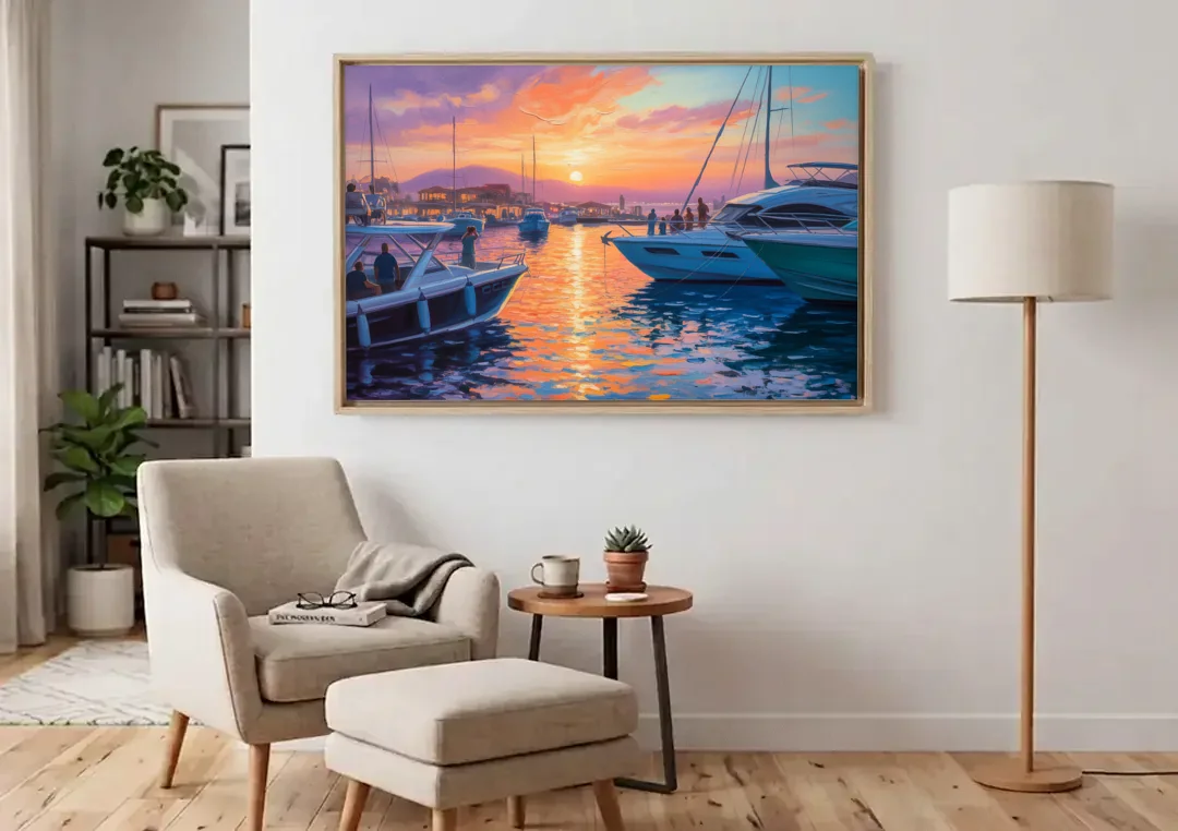 Cabo Marina Sunset canvas wall art above an armchair in a bright living room