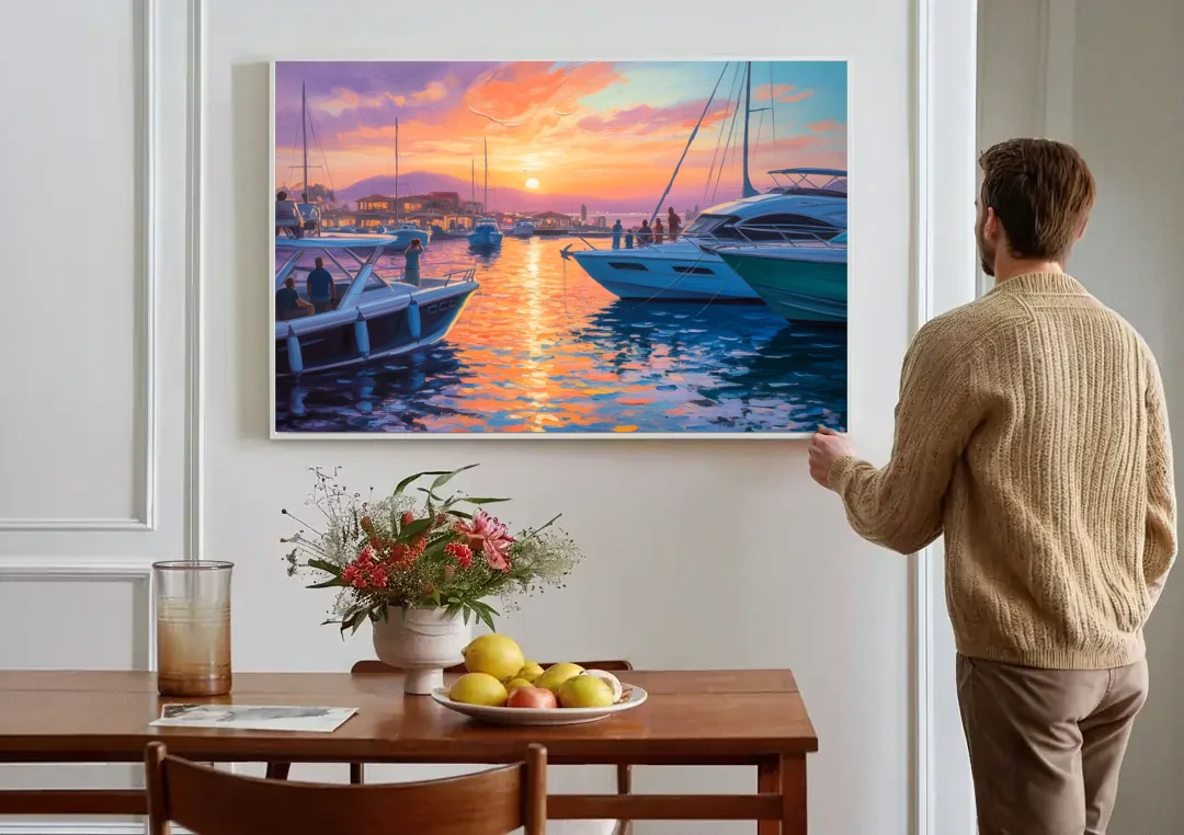 Cabo Marina Sunset canvas wall art above a dining table