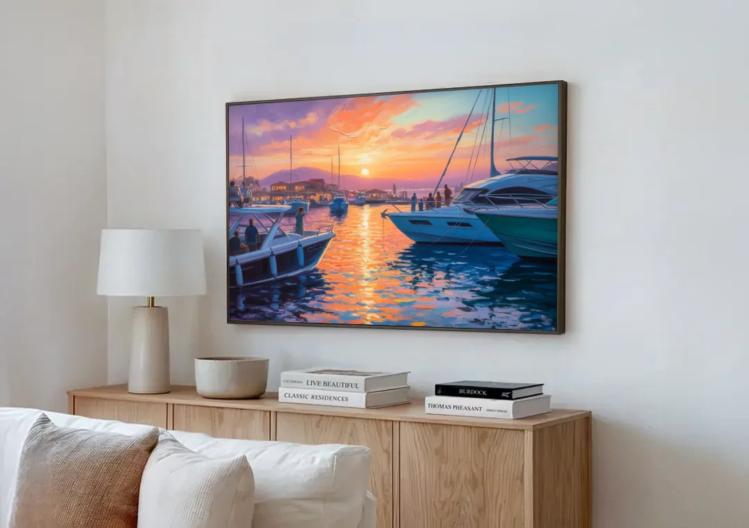 Cabo Marina Sunset canvas wall art above a wooden sideboard next to a sofa