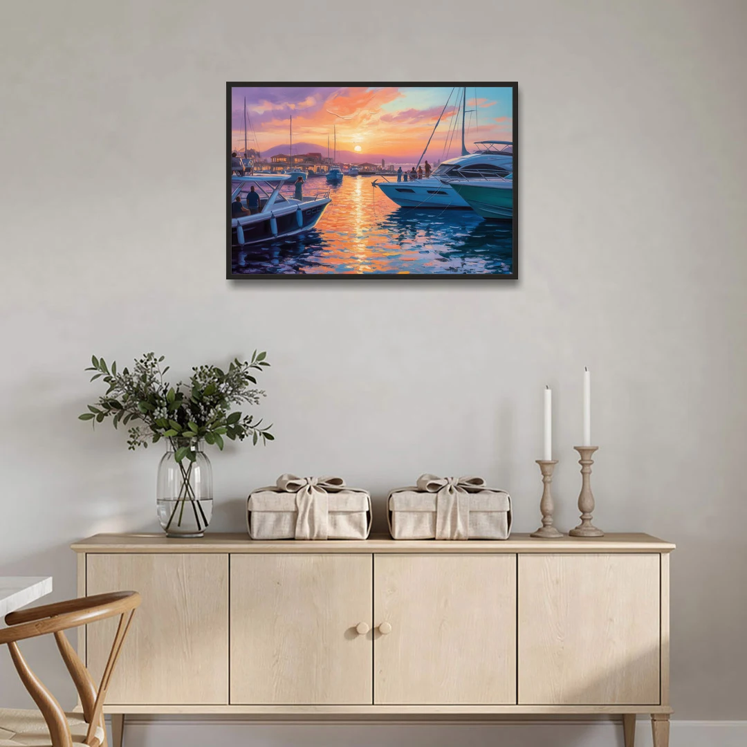 Cabo Marina Sunset - Black Framed Canvas Wall Art - Coffee Table - 36x24
