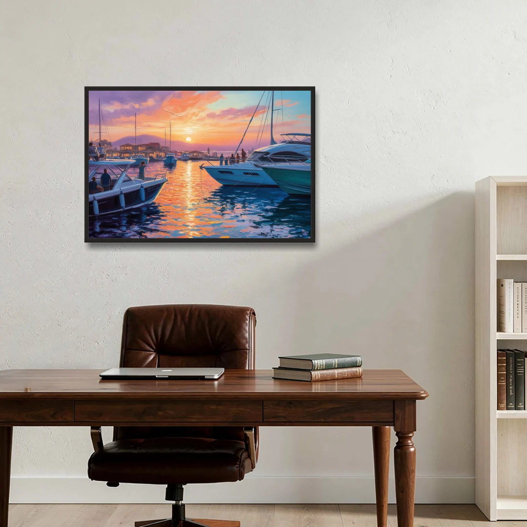 Cabo Marina Sunset - Black Framed Canvas Wall Art - Office - 36x24
