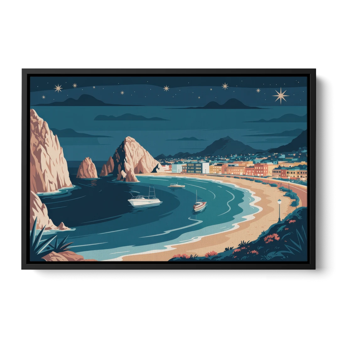 Cabo San Lucas Night Skyline - Black Framed Canvas Wall Art - Front