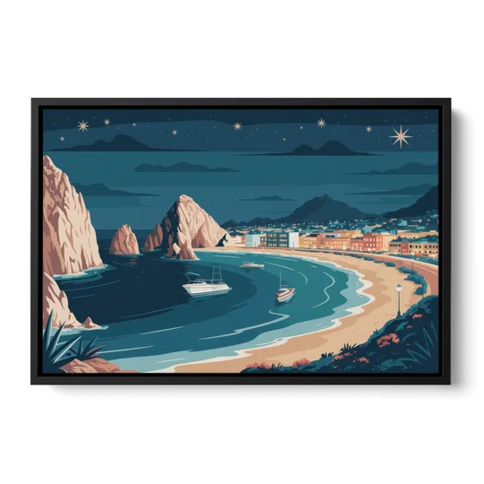 Cabo San Lucas Night Skyline - Black Framed Canvas Wall Art - Front