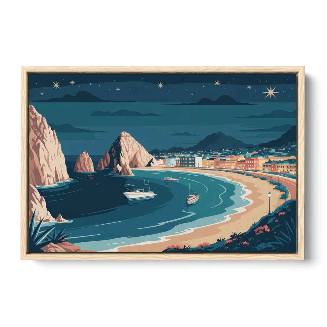 Cabo San Lucas Night Skyline - Oak Framed Canvas Wall Art - Front