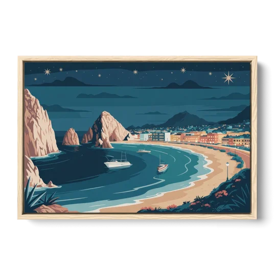 Cabo San Lucas Night Skyline - Oak Framed Canvas Wall Art - Front
