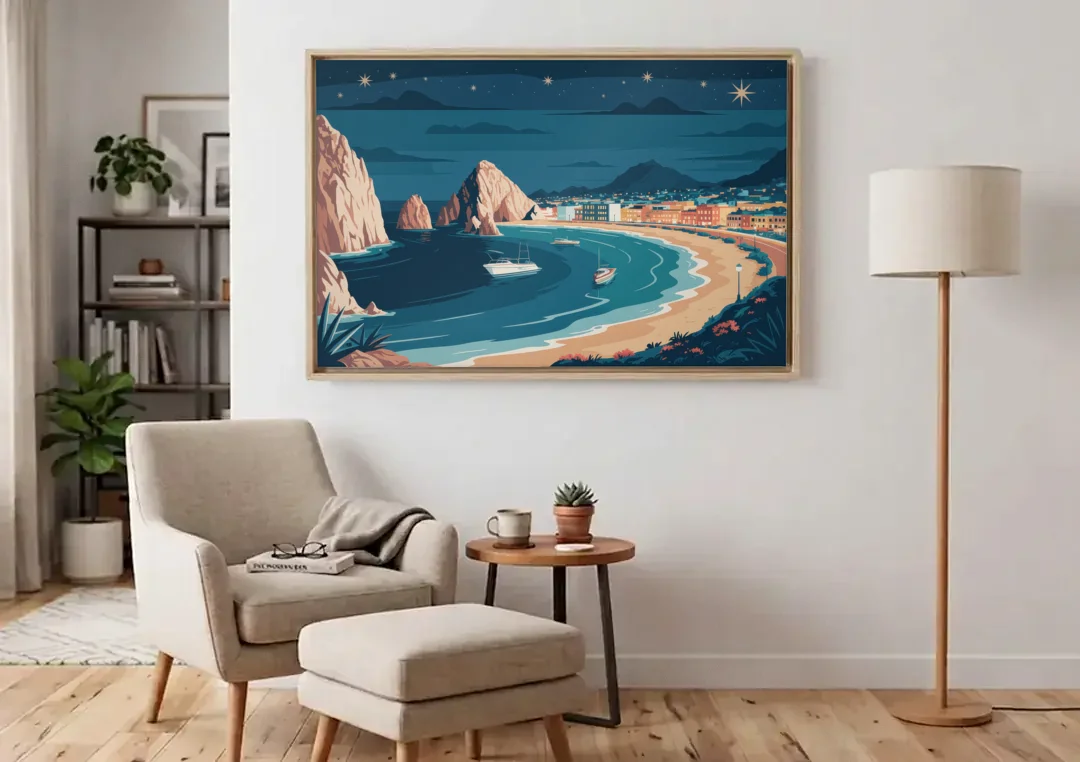 Cabo San Lucas Night Skyline canvas wall art above an armchair in a bright living room
