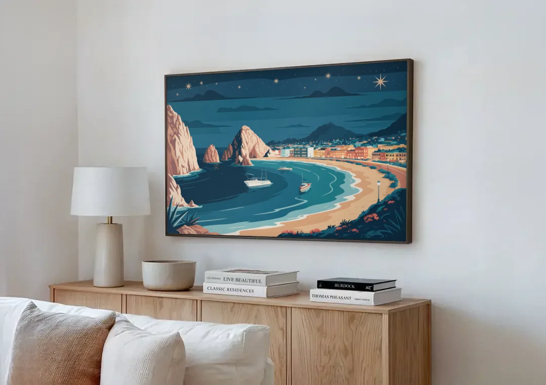 Cabo San Lucas Night Skyline canvas wall art above a wooden sideboard next to a sofa