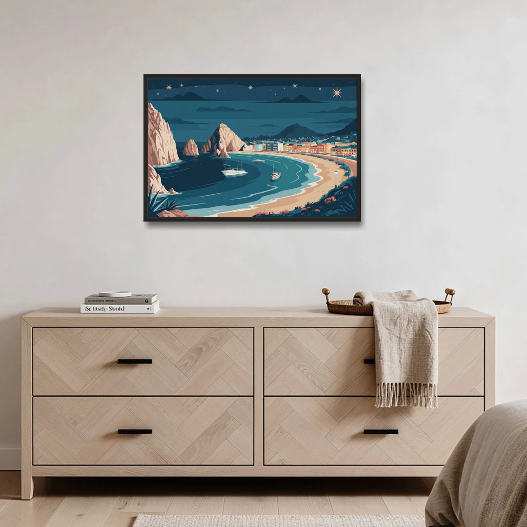 Cabo San Lucas Night Skyline - Black Framed Canvas Wall Art - Coffee Table - 36x24