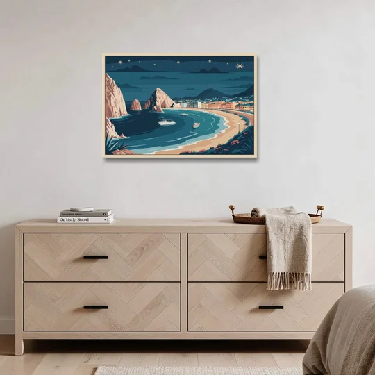 Cabo San Lucas Night Skyline - Oak Framed Canvas Wall Art - Coffee Table - 36x24