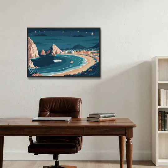 Cabo San Lucas Night Skyline - Black Framed Canvas Wall Art - Office - 36x24