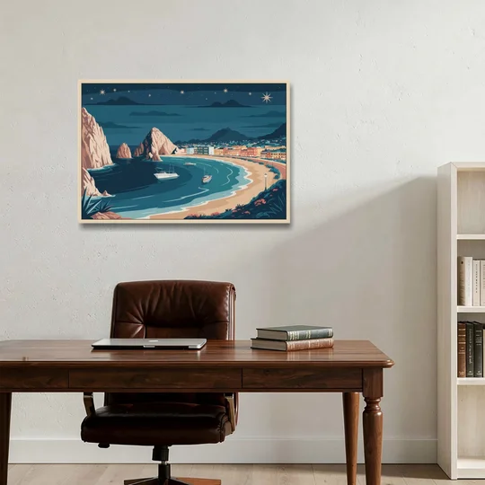 Cabo San Lucas Night Skyline - Oak Framed Canvas Wall Art - Office - 36x24