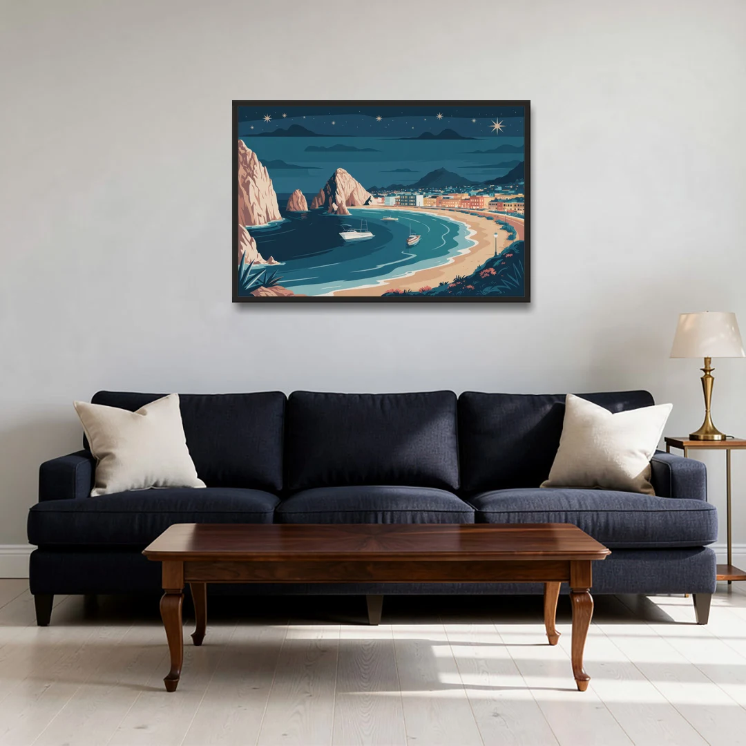 Cabo San Lucas Night Skyline - Black Framed Canvas Wall Art - Sofa - 36x24