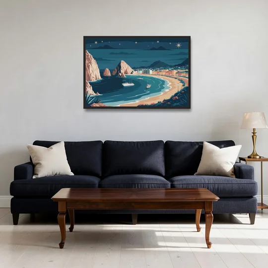 Cabo San Lucas Night Skyline - Black Framed Canvas Wall Art - Sofa - 36x24