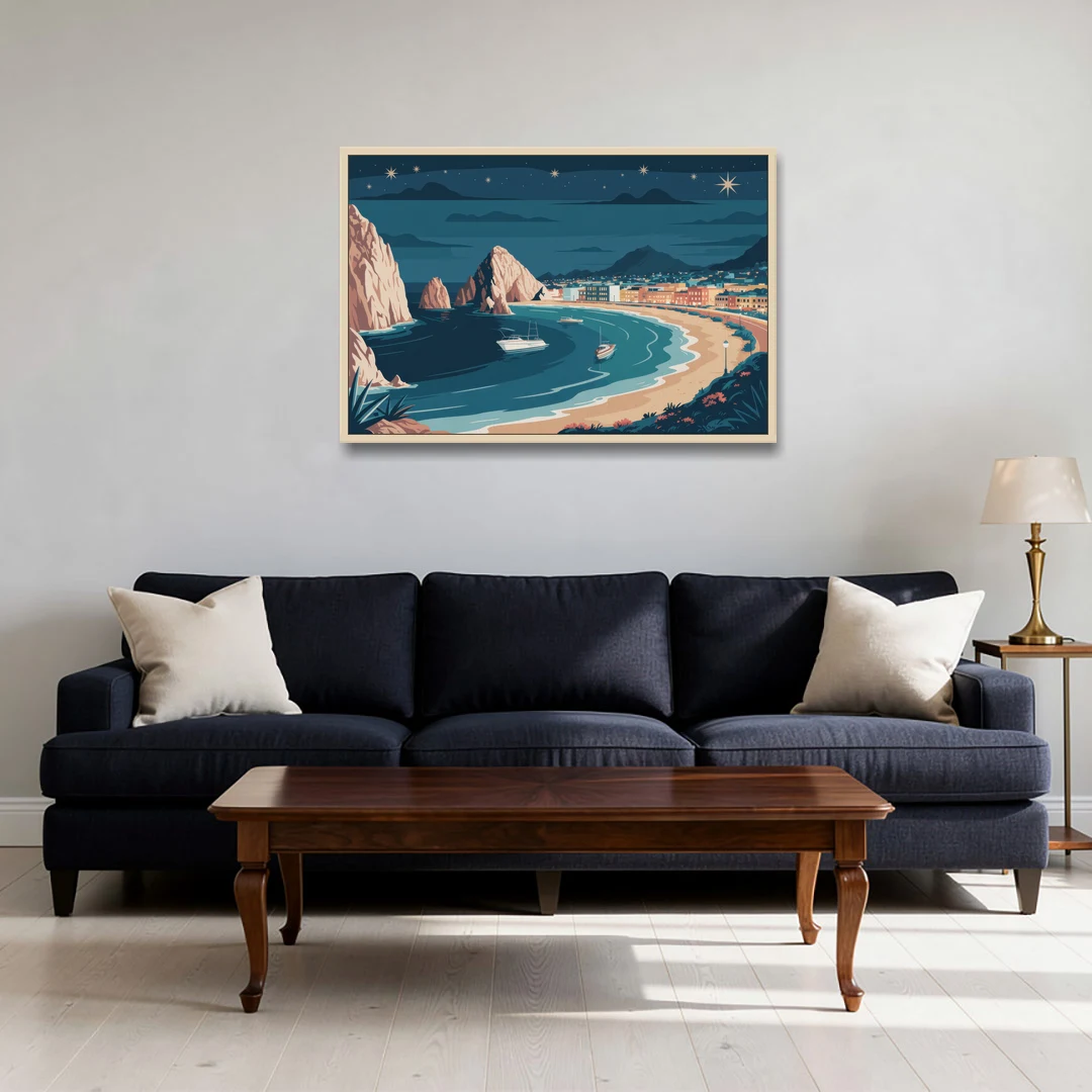 Cabo San Lucas Night Skyline - Oak Framed Canvas Wall Art - Sofa - 36x24
