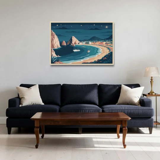 Cabo San Lucas Night Skyline - Oak Framed Canvas Wall Art - Sofa - 36x24