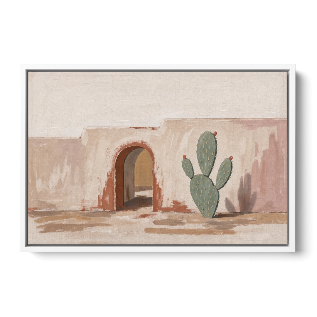 Cactus Wall Art by an Adobe Arch - White Framed Canvas Wall Art - Front