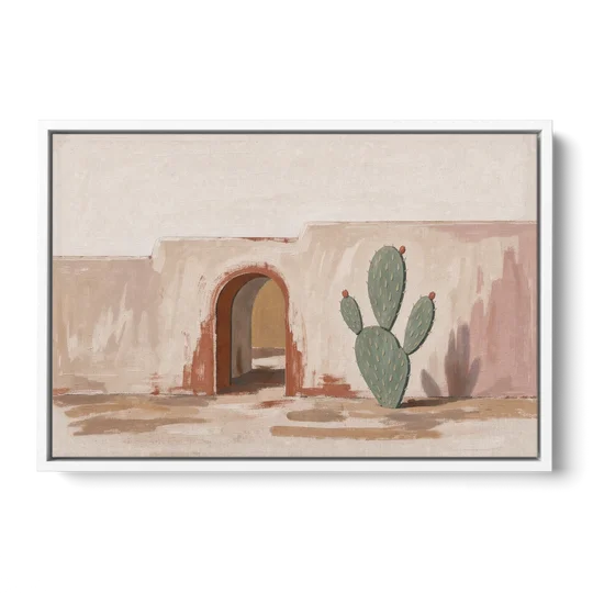 Cactus Wall Art by an Adobe Arch - White Framed Canvas Wall Art - Front