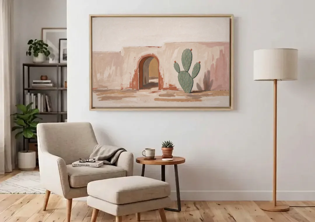 Cactus Wall Art by an Adobe Arch canvas wall art above an armchair in a bright living room