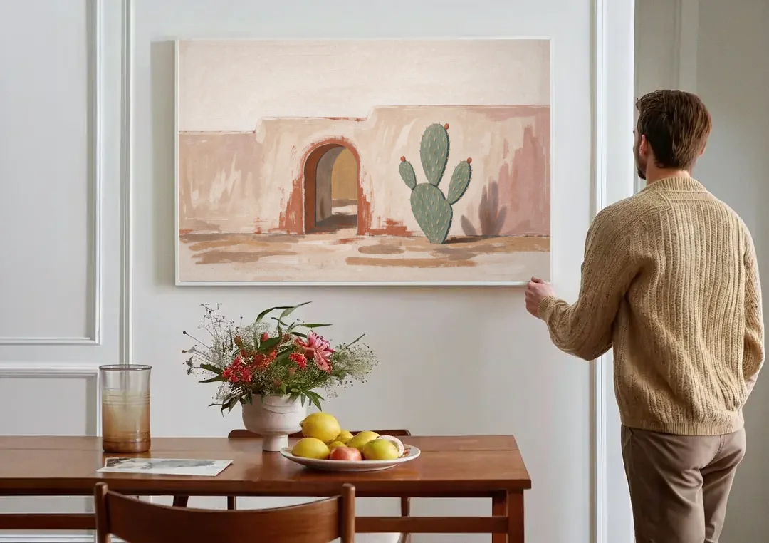 Cactus Wall Art by an Adobe Arch canvas wall art above a dining table