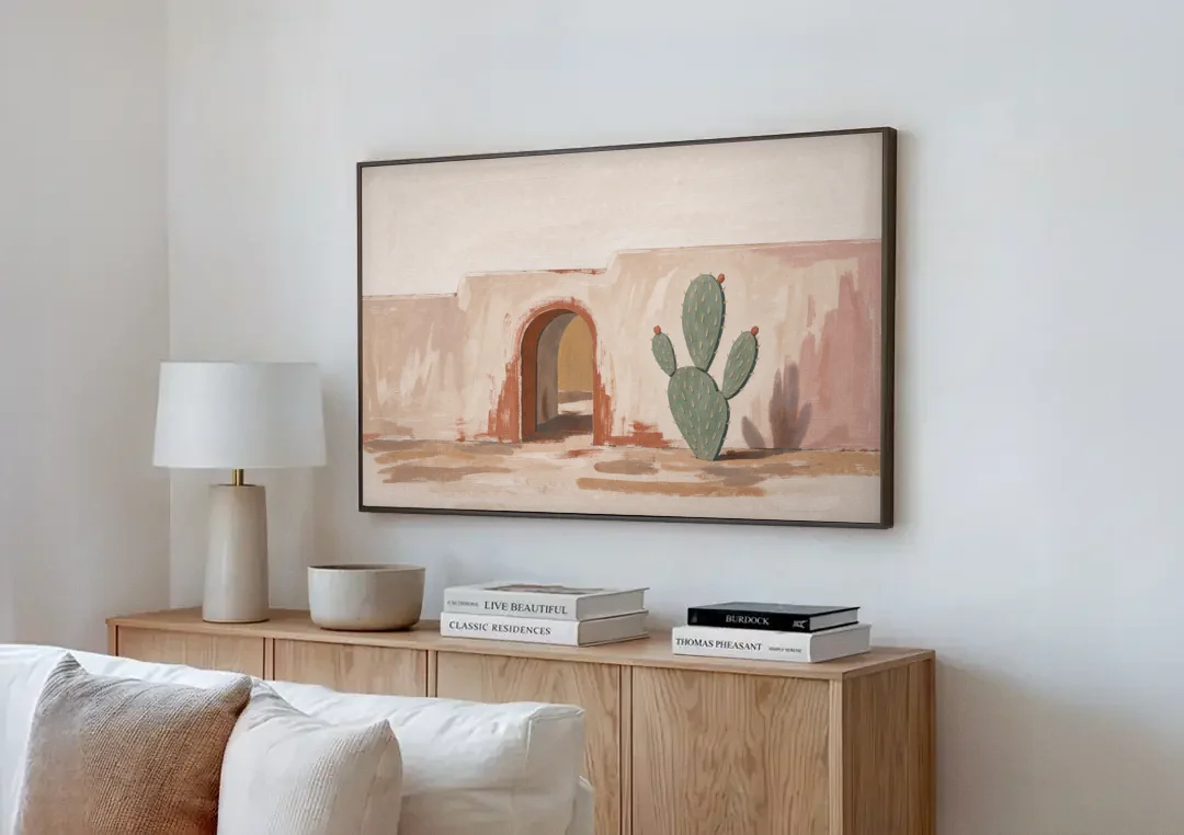 Cactus Wall Art by an Adobe Arch canvas wall art above a wooden sideboard next to a sofa