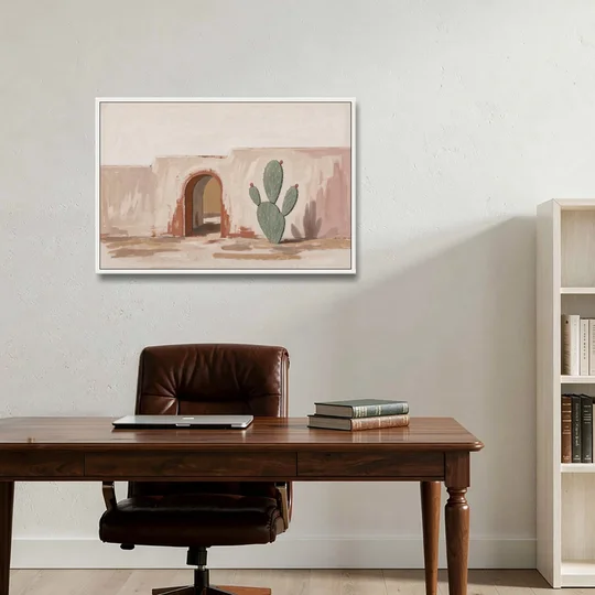 Cactus Wall Art by an Adobe Arch - White Framed Canvas Wall Art - Office - 36x24