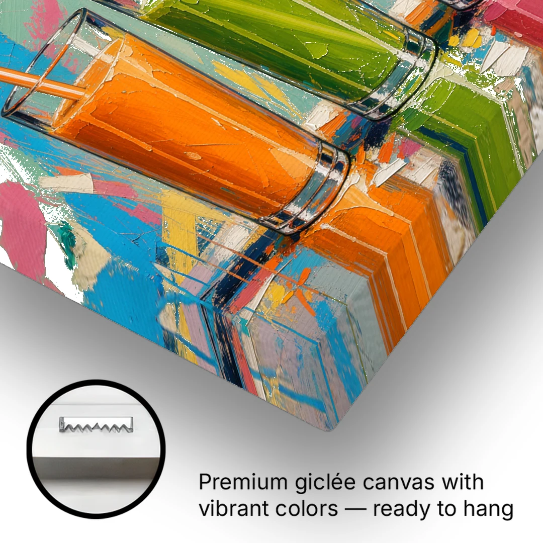 Cafe Canvas Art of Five Fresh Juice Glasses - Canvas Wall Art - Gallery Wrap Corner