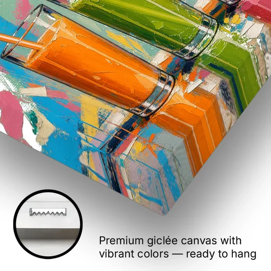 Cafe Canvas Art of Five Fresh Juice Glasses - Canvas Wall Art - Gallery Wrap Corner