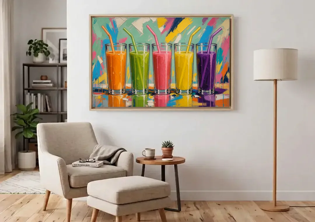Cafe Canvas Art of Five Fresh Juice Glasses canvas wall art above an armchair in a bright living room