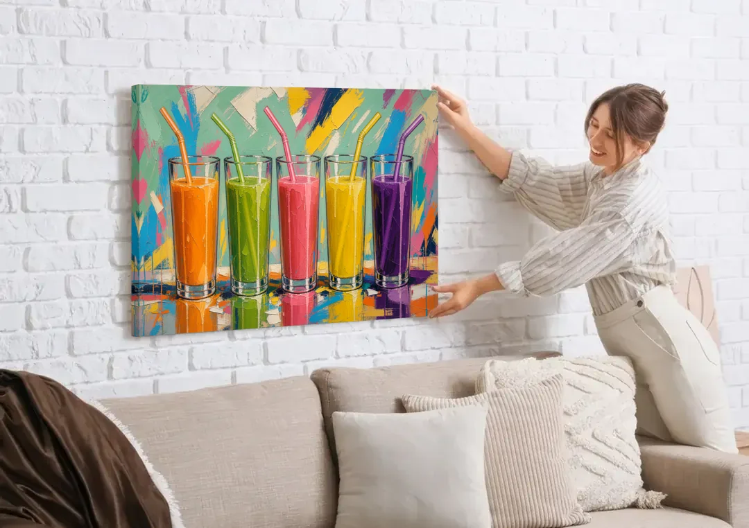 Cafe Canvas Art of Five Fresh Juice Glasses canvas wall art being hung on a white brick wall above a sofa