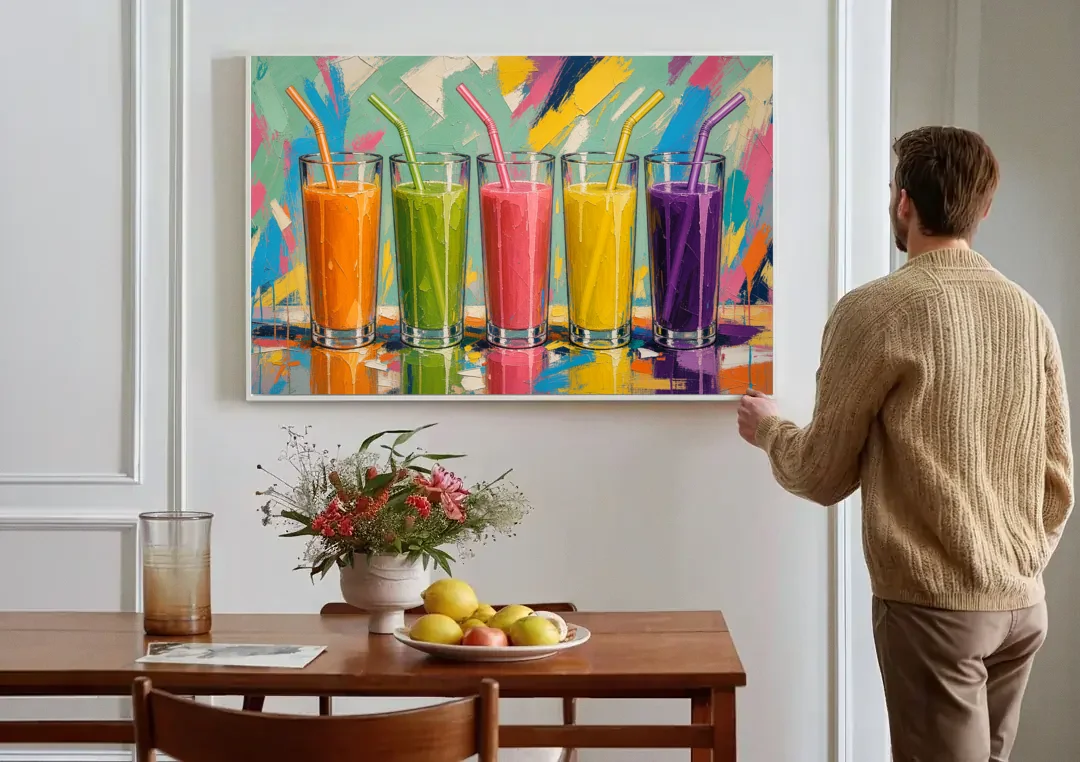 Cafe Canvas Art of Five Fresh Juice Glasses canvas wall art above a dining table