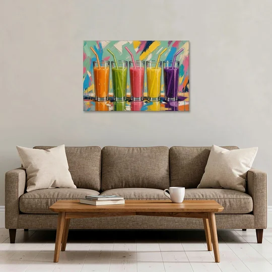 Cafe Canvas Art of Five Fresh Juice Glasses - Canvas Wall Art - Sofa - 36x24