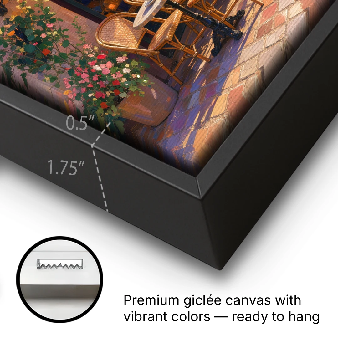 Cafe Painting of a Golden Hour Terrace - Black Framed Canvas Wall Art - Gallery Wrap Corner