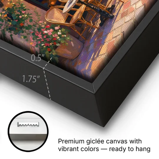 Cafe Painting of a Golden Hour Terrace - Black Framed Canvas Wall Art - Gallery Wrap Corner