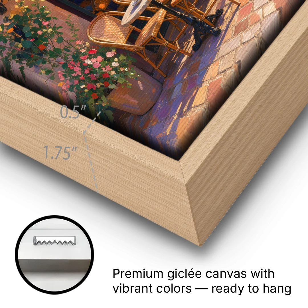 Cafe Painting of a Golden Hour Terrace - Oak Framed Canvas Wall Art - Gallery Wrap Corner