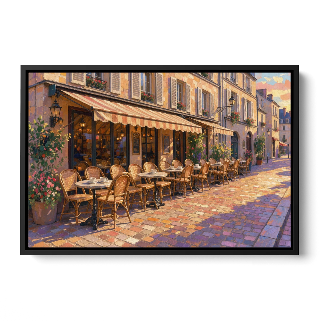 Cafe Painting of a Golden Hour Terrace - Black Framed Canvas Wall Art - Front