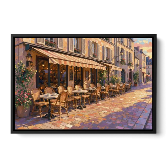 Cafe Painting of a Golden Hour Terrace - Black Framed Canvas Wall Art - Front