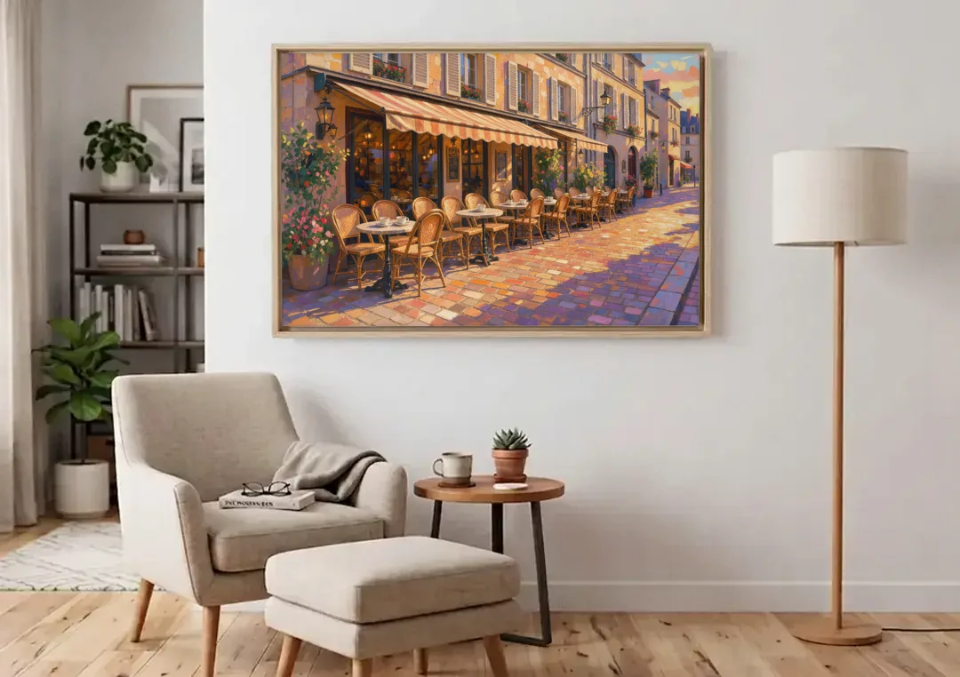 Cafe Painting of a Golden Hour Terrace canvas wall art above an armchair in a bright living room