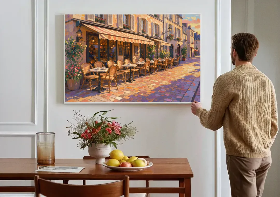 Cafe Painting of a Golden Hour Terrace canvas wall art above a dining table