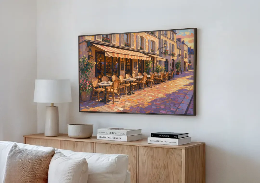 Cafe Painting of a Golden Hour Terrace canvas wall art above a wooden sideboard next to a sofa