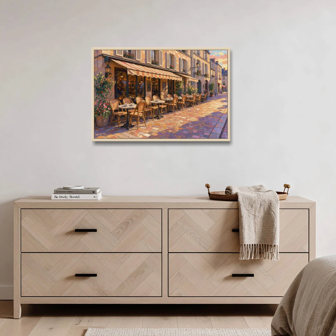 Cafe Painting of a Golden Hour Terrace - Oak Framed Canvas Wall Art - Coffee Table - 36x24
