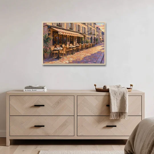 Cafe Painting of a Golden Hour Terrace - Oak Framed Canvas Wall Art - Coffee Table - 36x24