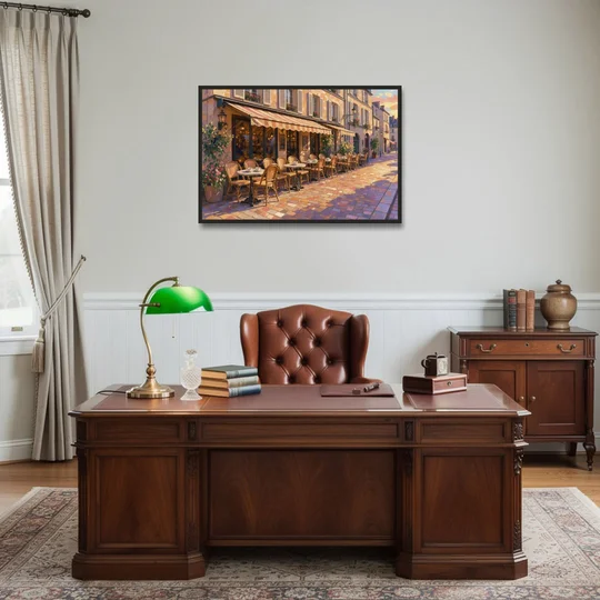 Cafe Painting of a Golden Hour Terrace - Black Framed Canvas Wall Art - Office - 36x24